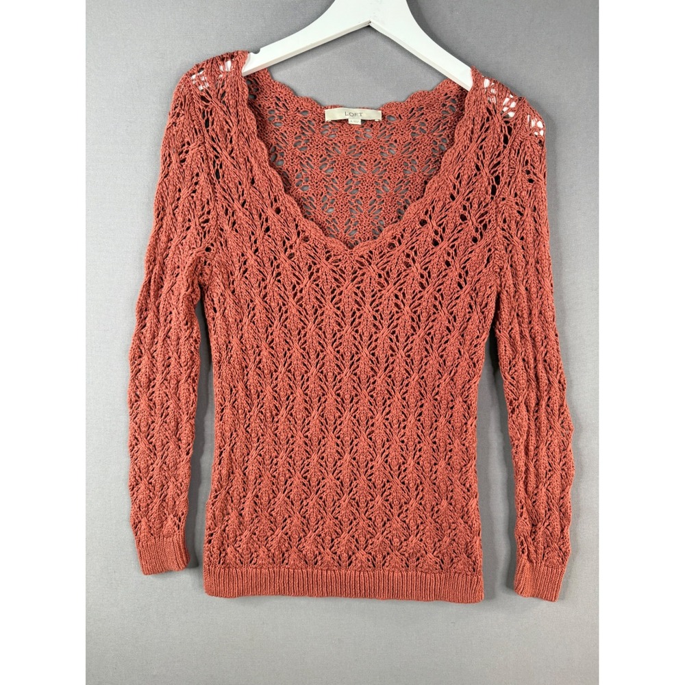 LOFT Crochet Sweater Womens S Terracotta Open Knit Cotton Layering